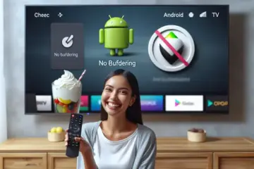 alt_text: A person holds a remote, smiling at a large TV showing a "No Buffering" checkmark over the Android TV interface.