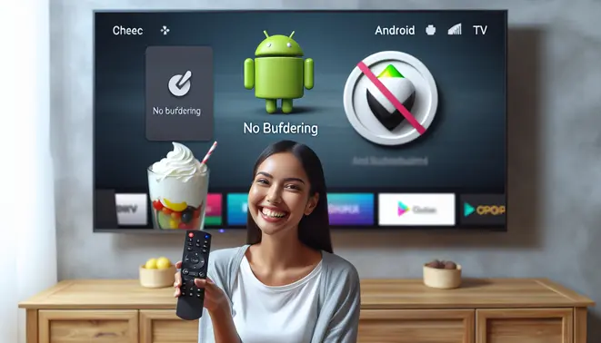 alt_text: A person holds a remote, smiling at a large TV showing a "No Buffering" checkmark over the Android TV interface.