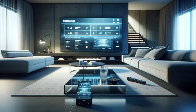 alt_text: A modern living room with a large TV displaying an EPG guide. A remote and phone with an IPTV app are in the foreground.