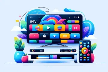 alt_text: A modern living room with a large Android TV displaying a vibrant IPTV interface, a remote, and a smartphone on a table.