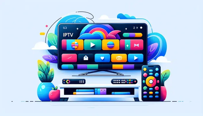 alt_text: A modern living room with a large Android TV displaying a vibrant IPTV interface, a remote, and a smartphone on a table.