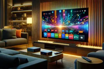 alt_text: A modern living room with a large Smart TV displaying a vibrant IPTV interface, an Android TV box, and a remote control.