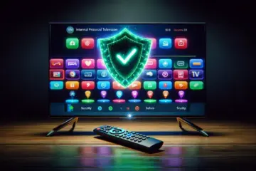 alt_text: A smart TV showing a vibrant IPTV menu, with a remote and a VPN shield icon, for a guide on secure streaming.