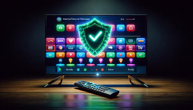 alt_text: A smart TV showing a vibrant IPTV menu, with a remote and a VPN shield icon, for a guide on secure streaming.