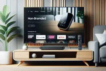 alt_text: A modern living room with a large TV showing the Apple TV home screen. The Apple TV device and remote are on the stand below.