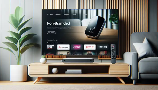 alt_text: A modern living room with a large TV showing the Apple TV home screen. The Apple TV device and remote are on the stand below.