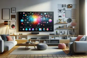 alt_text: A modern living room scene with a Firestick plugged into a large TV displaying a vibrant IPTV interface.