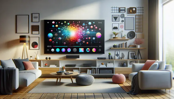 alt_text: A modern living room scene with a Firestick plugged into a large TV displaying a vibrant IPTV interface.