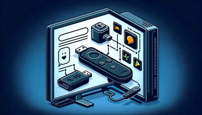 alt_text: A guide showing a Firestick connected to a TV with a USB drive for extra storage, surrounded by streaming app icons.
