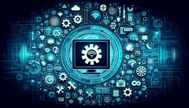 alt_text: A modern TV screen shows a buffering icon, surrounded by tools and tech icons for fixing IPTV streaming issues.