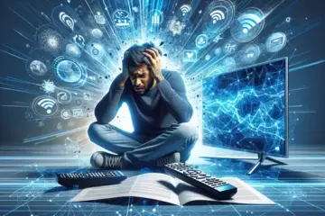 A frustrated viewer troubleshooting a buffering TV, surrounded by network icons and tools.