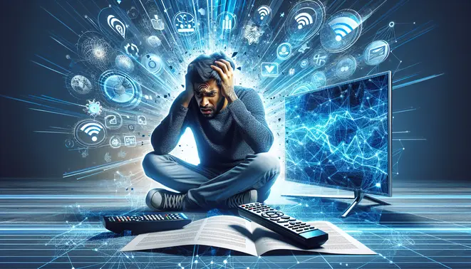 A frustrated viewer troubleshooting a buffering TV, surrounded by network icons and tools.
