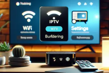 alt_text: A Firestick connected to a TV showing a buffering IPTV app, with WiFi and settings icons, illustrating a buffering fix guide.
