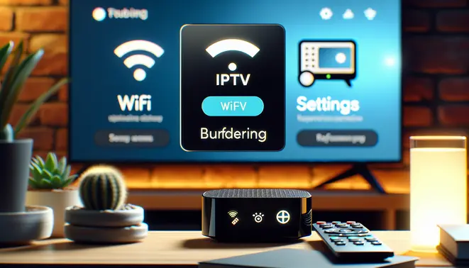 alt_text: A Firestick connected to a TV showing a buffering IPTV app, with WiFi and settings icons, illustrating a buffering fix guide.