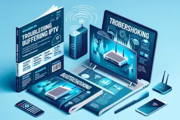alt_text: A magazine cover for a guide on fixing buffering IPTV, featuring a smart TV with a frozen screen, a router, and a laptop.