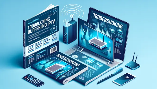 alt_text: A magazine cover for a guide on fixing buffering IPTV, featuring a smart TV with a frozen screen, a router, and a laptop.