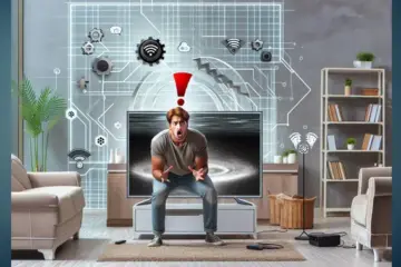 alt_text: A frustrated viewer in a modern living room looks at a frozen TV screen, surrounded by troubleshooting icons like WiFi and a gear.