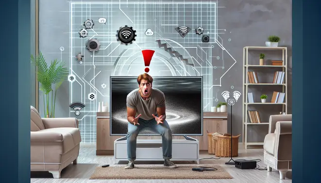 alt_text: A frustrated viewer in a modern living room looks at a frozen TV screen, surrounded by troubleshooting icons like WiFi and a gear.