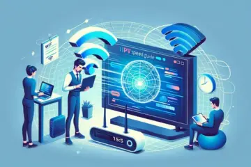 alt_text: A tech-savvy person troubleshoots a buffering TV using a laptop, with a Wi-Fi router nearby, for an IPTV speed guide.