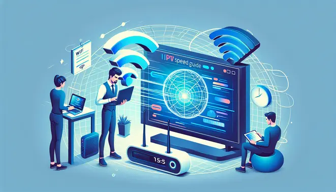 alt_text: A tech-savvy person troubleshoots a buffering TV using a laptop, with a Wi-Fi router nearby, for an IPTV speed guide.