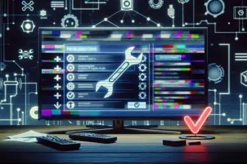 alt_text: A TV displaying a glitched EPG guide, overlaid with troubleshooting icons like a wrench and checkmark on a techy background.