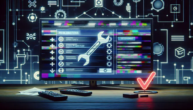 alt_text: A TV displaying a glitched EPG guide, overlaid with troubleshooting icons like a wrench and checkmark on a techy background.