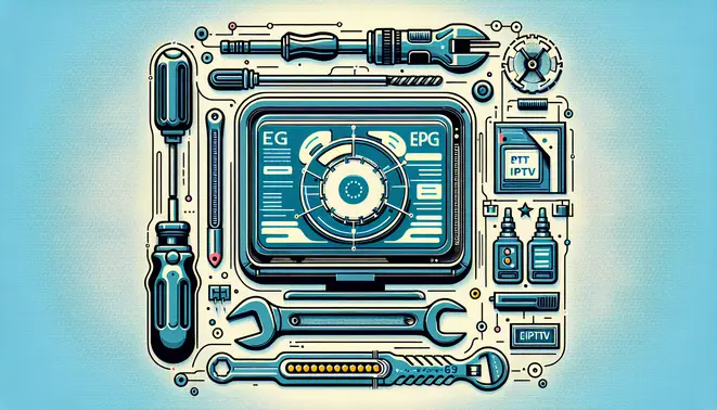 alt_text: A troubleshooting guide cover showing a TV with an EPG, surrounded by tools and a progress bar for fixing IPTV issues.