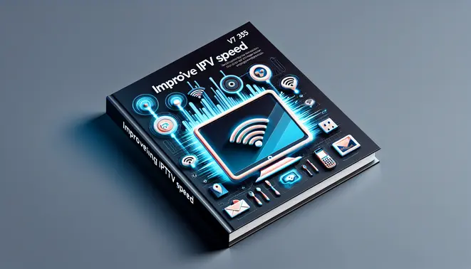 alt_text: A sleek guide cover for boosting IPTV speed, featuring a clear TV screen, dynamic Wi-Fi signals, and troubleshooting tools.