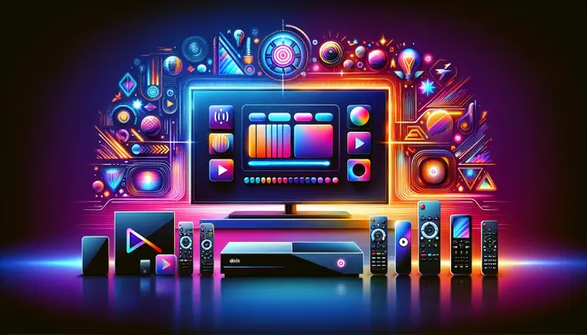 alt_text: A modern guide cover comparing popular streaming boxes in front of a vibrant TV interface.