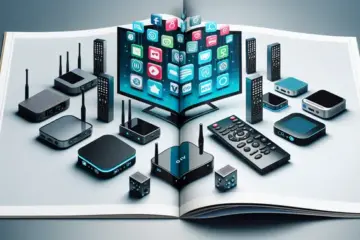 Magazine cover comparing modern IPTV set-top boxes arranged in front of a large TV displaying streaming service icons.
