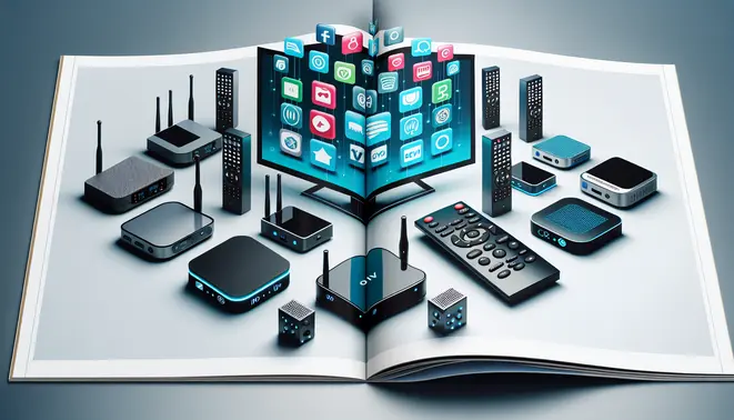 Magazine cover comparing modern IPTV set-top boxes arranged in front of a large TV displaying streaming service icons.
