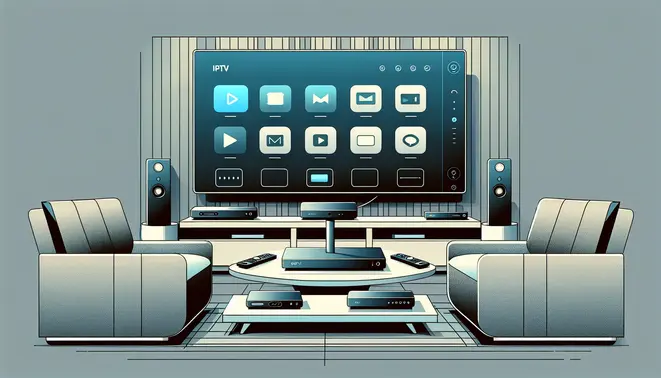 alt_text: A modern living room with a large TV displaying an IPTV interface. Several popular streaming boxes are arranged below the screen.