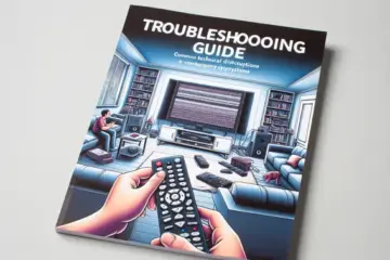 alt_text: A troubleshooting guide cover showing a modern living room with a buffering TV and hands holding a remote, offering reliable fixes.