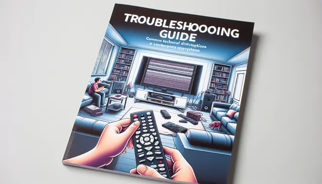 alt_text: A troubleshooting guide cover showing a modern living room with a buffering TV and hands holding a remote, offering reliable fixes.