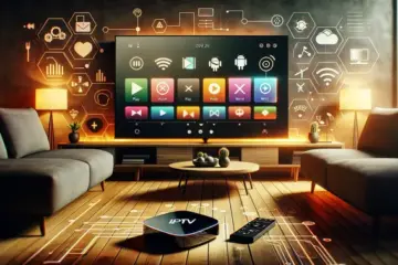 A modern living room with a smart TV displaying an intuitive IPTV interface, an Android TV device, and streaming symbols.