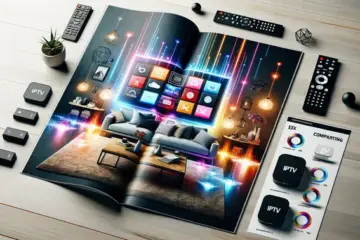 alt_text: A magazine cover featuring a modern living room with a large TV displaying vibrant IPTV apps, streaming devices, and comparison graphics.