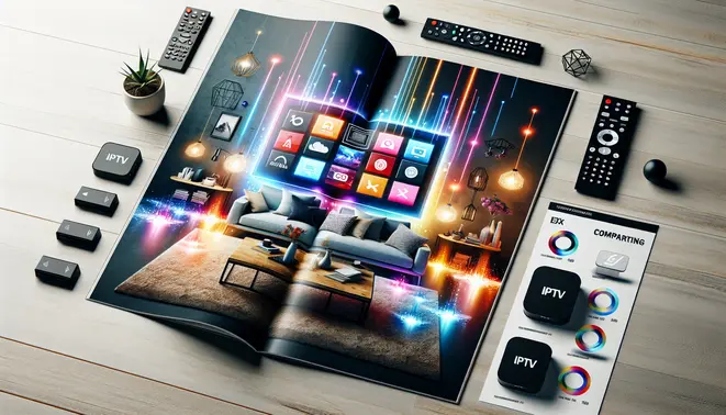 alt_text: A magazine cover featuring a modern living room with a large TV displaying vibrant IPTV apps, streaming devices, and comparison graphics.