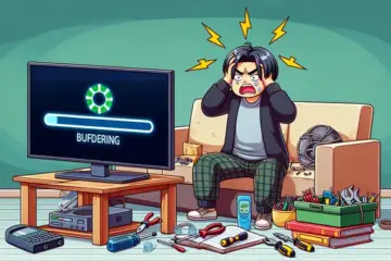 alt_text: A frustrated person on a couch troubleshoots a slow TV displaying a buffering icon, surrounded by tools and a guide.