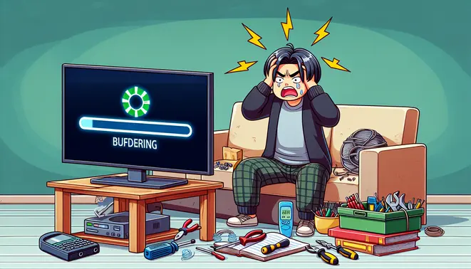 alt_text: A frustrated person on a couch troubleshoots a slow TV displaying a buffering icon, surrounded by tools and a guide.