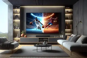 A sleek living room with a modern TV showing a vibrant split-screen of live sports broadcasts, representing IPTV services.