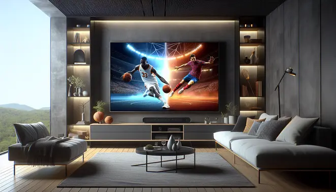 A sleek living room with a modern TV showing a vibrant split-screen of live sports broadcasts, representing IPTV services.