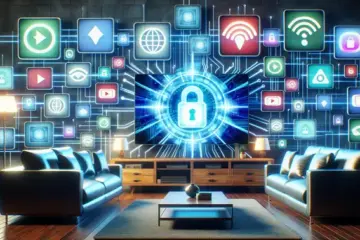 alt_text: A modern living room with streaming devices showing a VPN lock icon and streaming service logos for a secure setup guide.