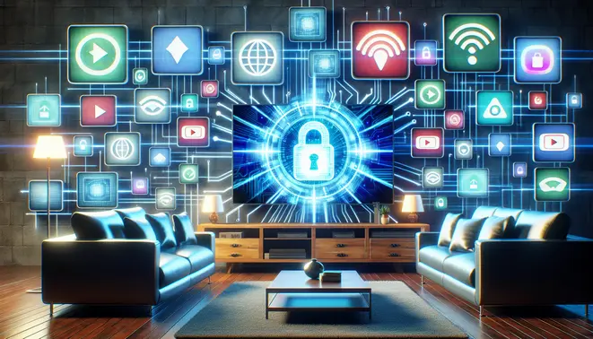 alt_text: A modern living room with streaming devices showing a VPN lock icon and streaming service logos for a secure setup guide.