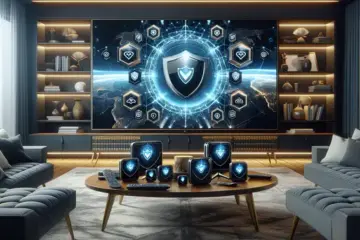 alt_text: A modern living room with a smart TV and streaming devices, all secured with VPN shield icons for accessing global content.