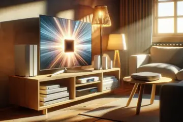 alt_text: A living room with a smart TV and streaming devices, protected by a glowing VPN shield from the router.