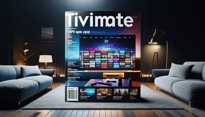 alt_text: A magazine cover reviewing the Tivimate IPTV app, featuring a smart TV in a modern living room with the app's interface displayed.
