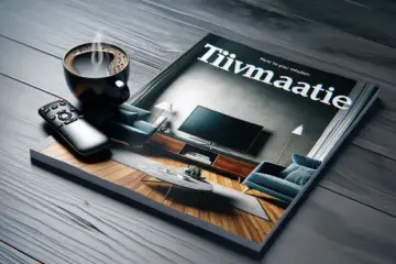 alt_text: A sleek magazine cover featuring a living room TV displaying the Tivimate IPTV app interface, a remote, and coffee.