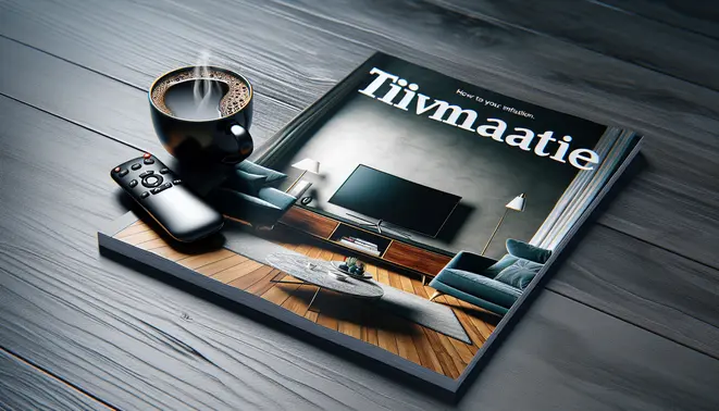 alt_text: A sleek magazine cover featuring a living room TV displaying the Tivimate IPTV app interface, a remote, and coffee.