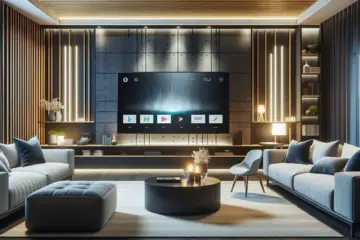 alt_text: A modern living room with a large smart TV displaying the Tivimate app interface, conveying comfort and technology.