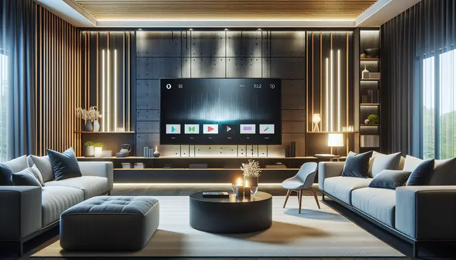 alt_text: A modern living room with a large smart TV displaying the Tivimate app interface, conveying comfort and technology.